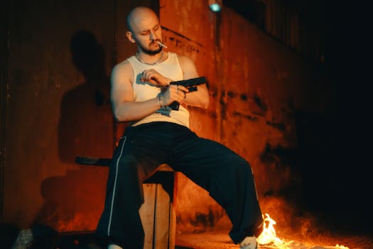 Bald man in tank top holding a gun sitting near a fire in an urban setting at night.