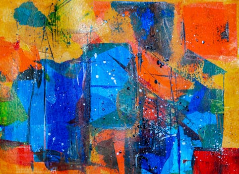 这幅抽象画充满活力，色彩与纹理大胆，捕捉到了能量感