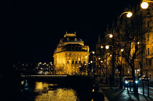 Illuminated National Theater in Prague at Night