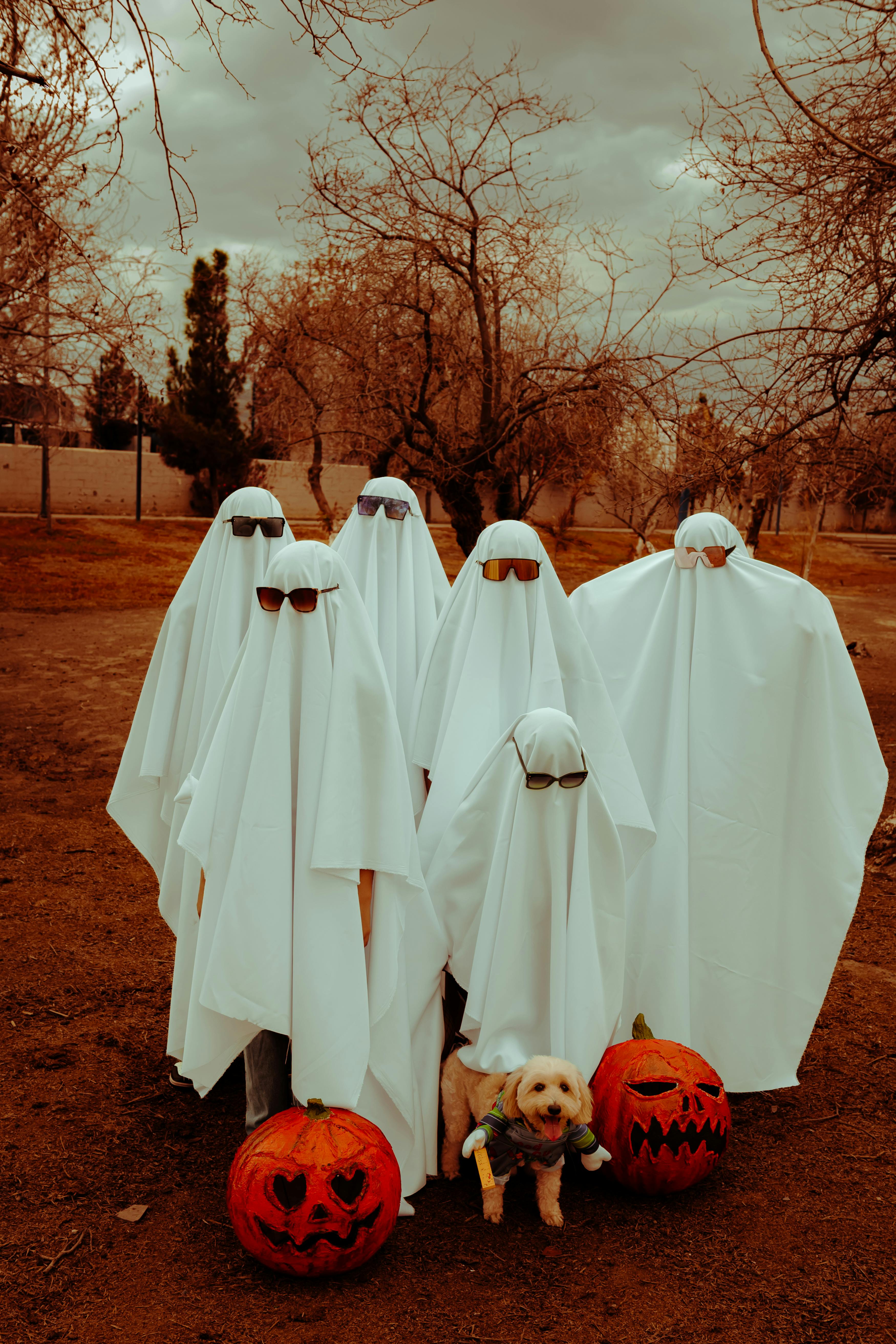 children dressed as ghosts in sunglasses with a dog in the park