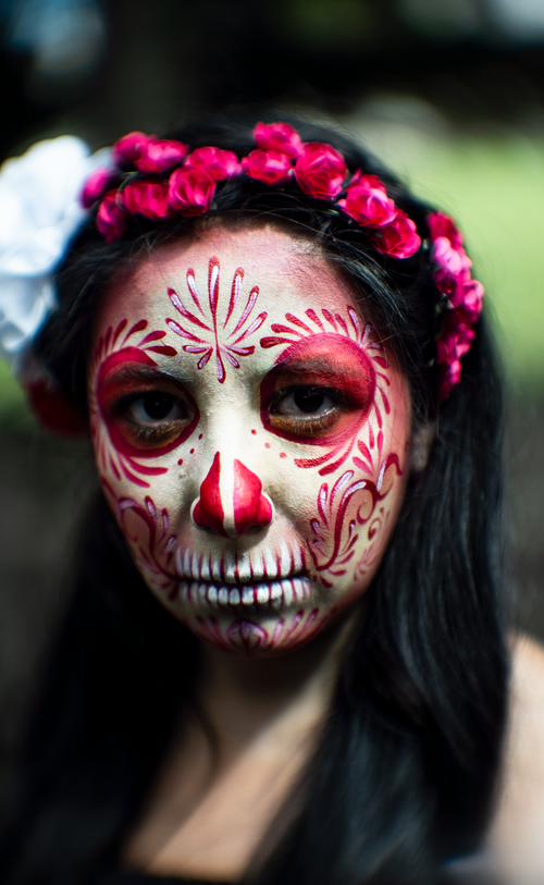Free Colorful portrait of a woman with traditional Day of the Dead face paint and floral headpiece. Stock Photo