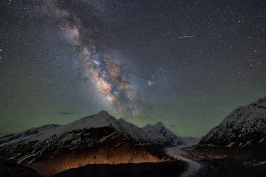 A breathtaking view of the Milky Way over snowy peaks in Zanskar, India. Perfect for stargazing enthusiasts.