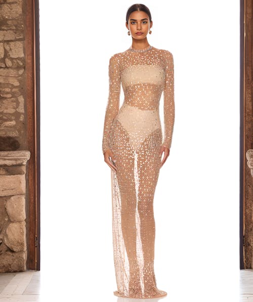 Sheer Mesh Crystal Embellished Dress - Sophie By Mariam Hopkins Collection 