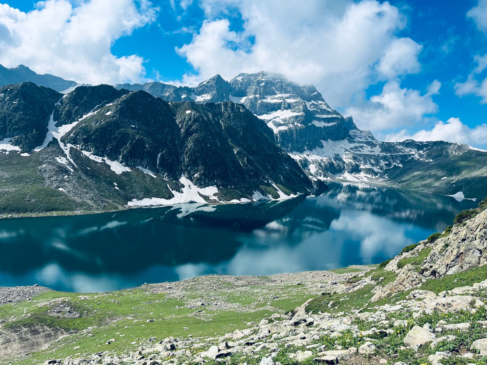 Snow-capped mountains and a calm valley in Kashmir