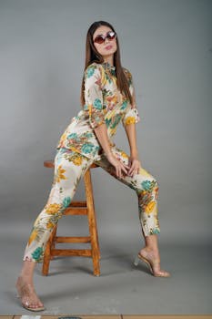 A stylish woman posing on a stool in a floral outfit, showcasing modern fashion.