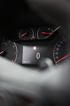 Detailed view of a car dashboard displaying a digital speedometer reading zero.