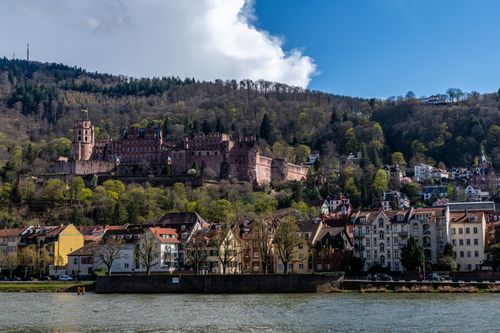 Free Picturesque view of Heidelberg Castle and old town across the Neckar River in Germany. Stock Photo