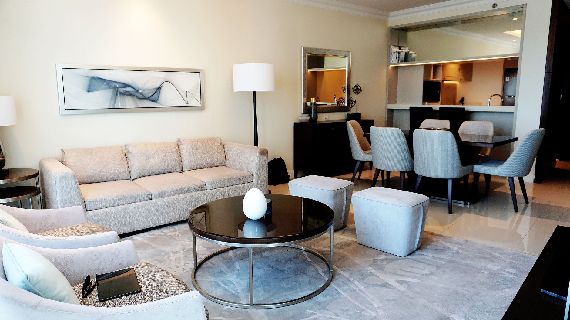 Bright Manhattan apartment living room with freshly cleaned carpet and rug
