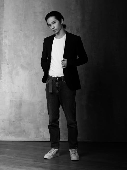 Model Posing in Jacket in Black and White
