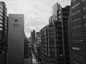 一幅富有戏剧性的黑白画面，展现了一座繁华城市的景观，高耸的摩天大楼与动态的街景交相辉映