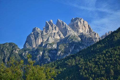 Free Stunning view of the Dolomites peaks against a clear blue sky in Auronzo di Cadore, Italy. Stock Photo