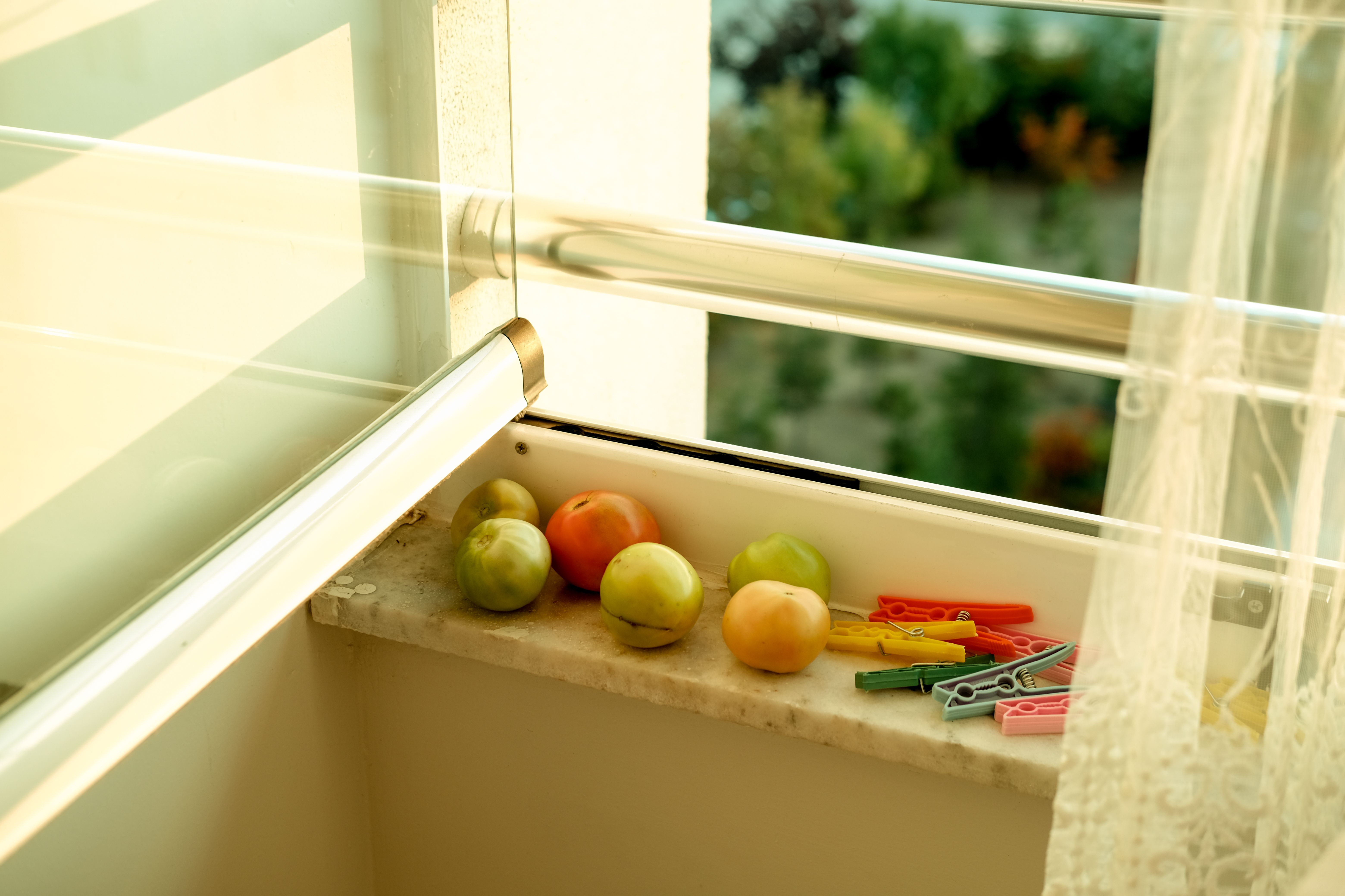 Fresh apples and clothespins on a sunlit windowsill creating a warm, inviting scene.