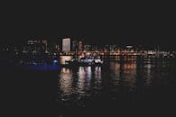 迷人的城市街景中，建筑物明亮，水面倒映着光影