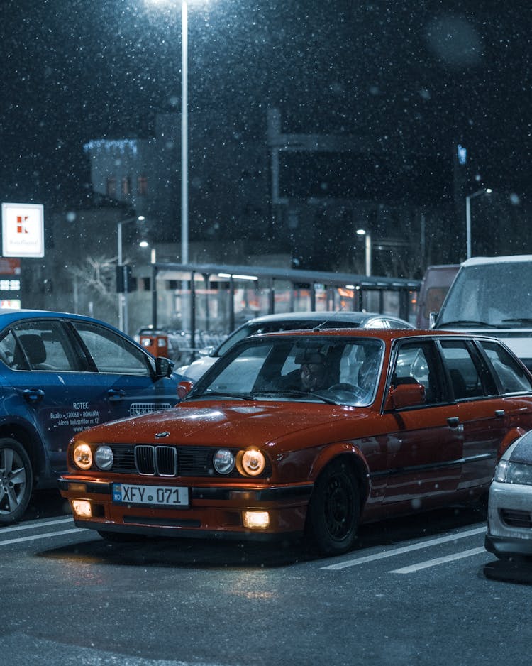 Vintage BMW E30 At Night In Winter