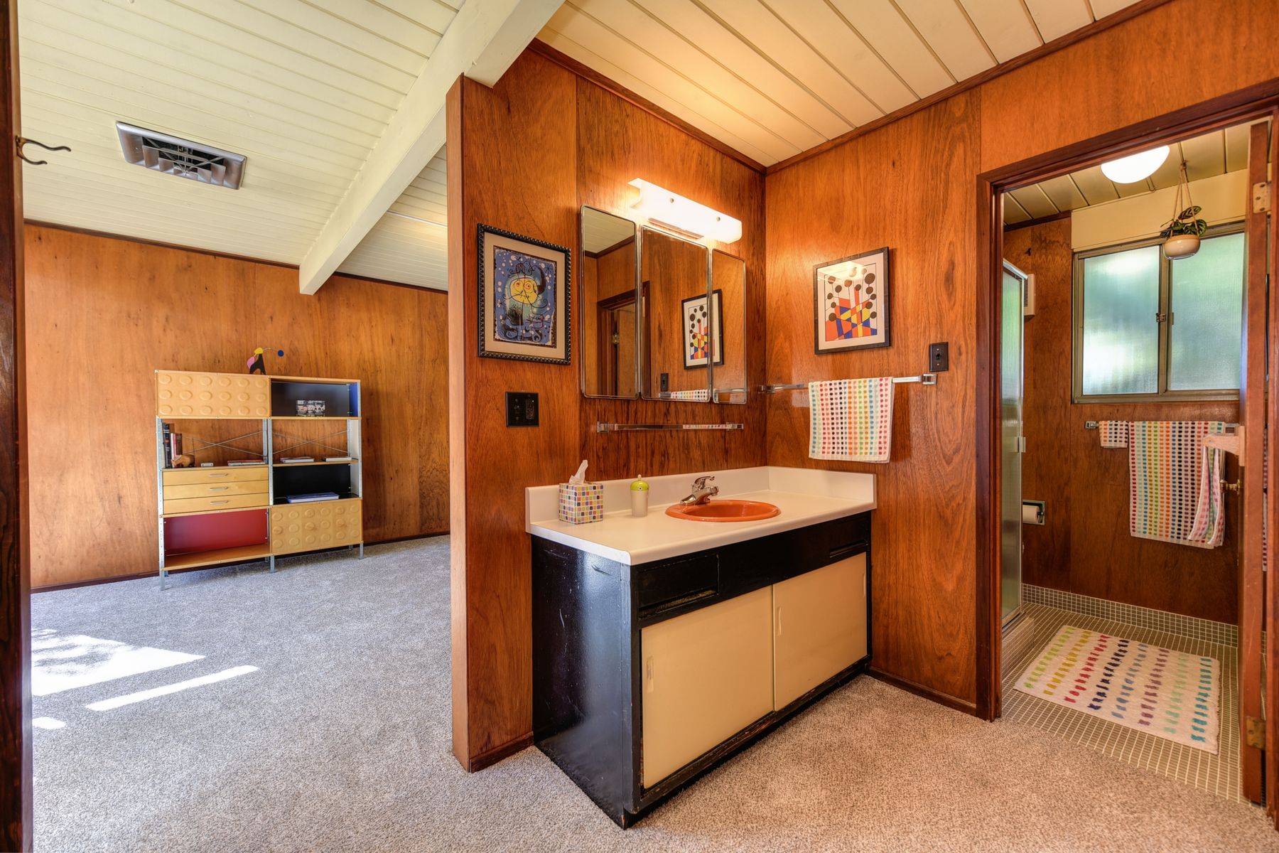 Mid-century modern bathroom with warm wood paneling, vintage proportions and bright natural light