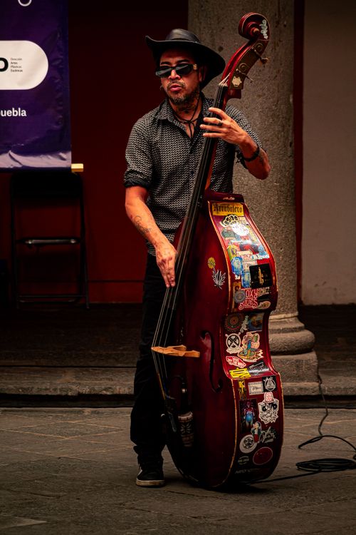 Free Street performer playing double bass in Heroica Puebla de Zaragoza, Mexico, bringing vibrant city life to the streets. Stock Photo