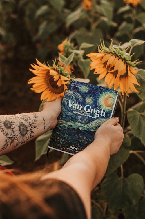 Orang Yang Memegang Buku Van Gogh Di Samping Bunga Matahari