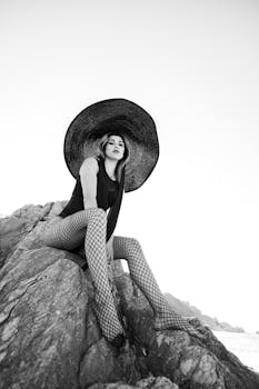 A striking black and white portrait of a woman in a wide-brimmed hat sitting on beach rocks in Türkiye.
