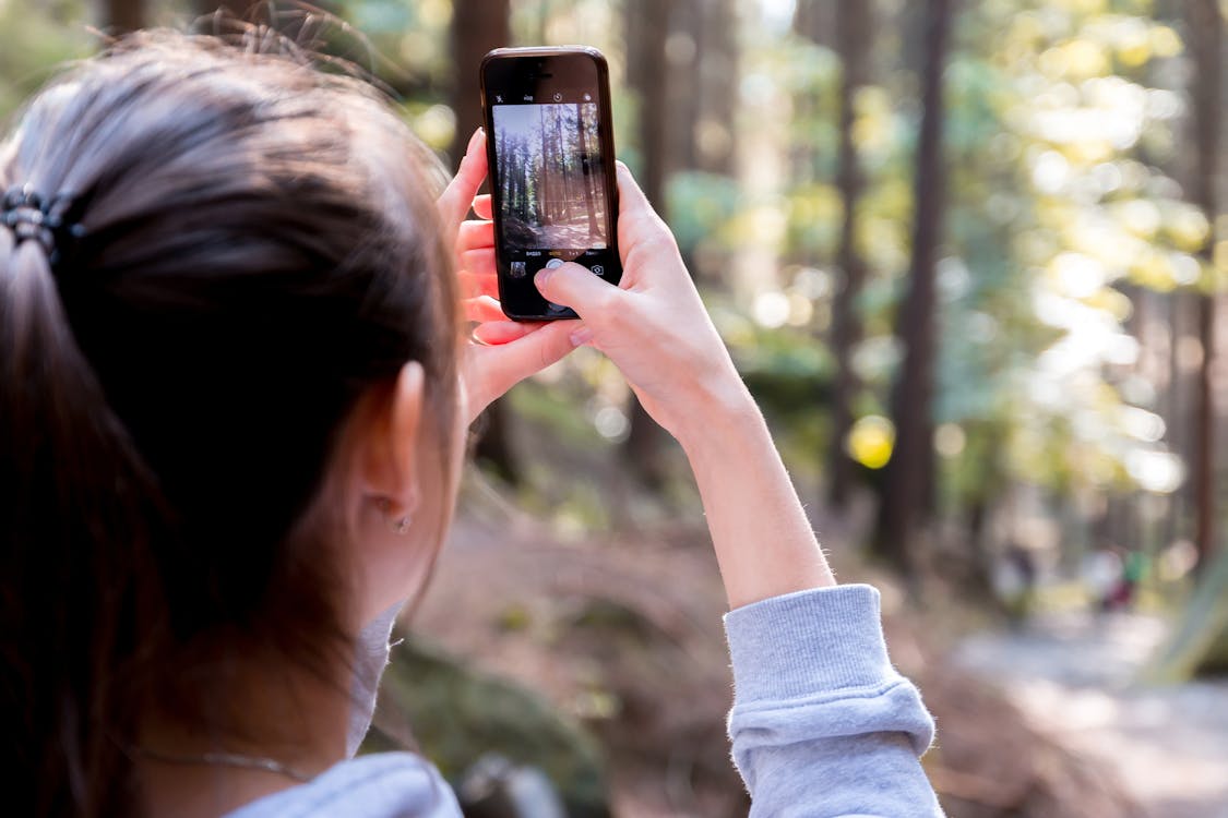 女人在森林拍照时使用她的智能手机