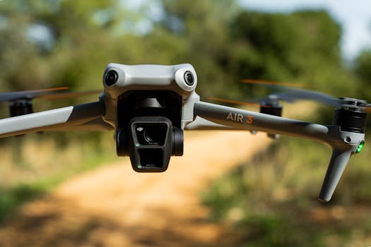 Close-up of DJI Air 3 drone flying over a scenic forest path in Marseille.