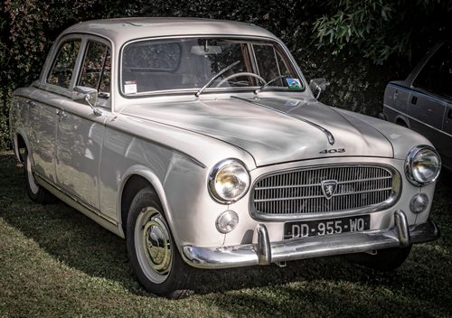 Free Vintage Peugeot 403 sedan parked on grass, showcasing its classic design. Stock Photo