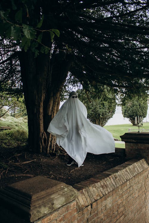 A Person Dressed as a Ghost in a Park 