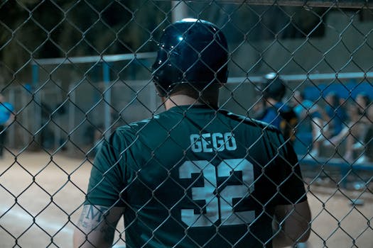 A baseball player wearing a helmet waits behind a fence during a night game.
