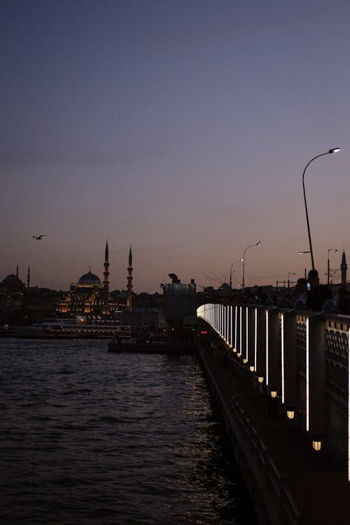 A bridge with lights and a mosque in the background