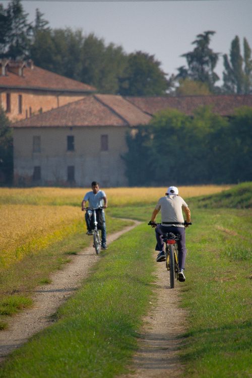 Free Two cyclists enjoy a peaceful ride on a dirt road in the countryside. Perfect for rural and outdoor themes. Stock Photo