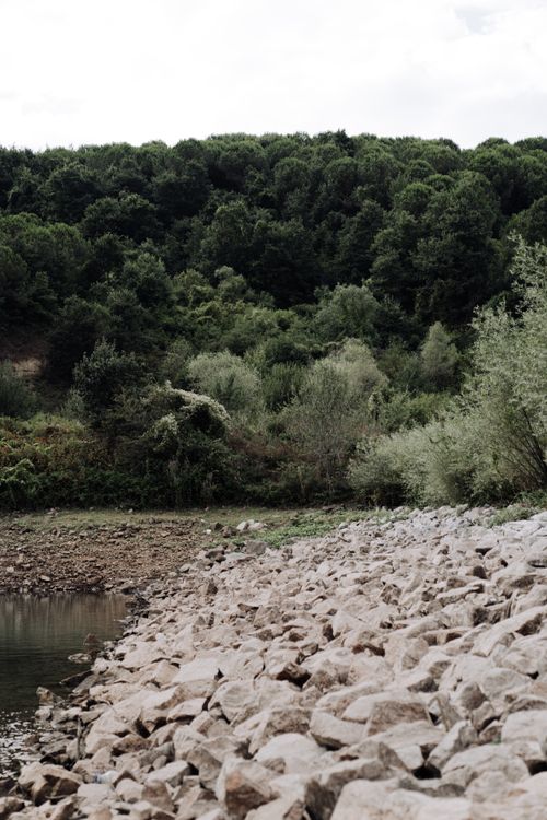 Free A tranquil rocky lakeshore surrounded by lush forest vegetation in Yalova, Türkiye. Stock Photo