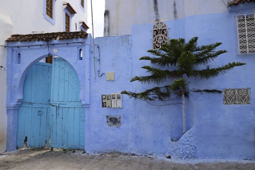 An Old Blue Wall with Wooden Door 