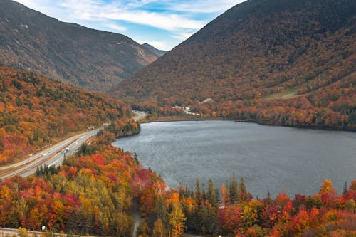 Aerial View of a Body of Water and Mountains Covered in Trees in Autumnal Colors 