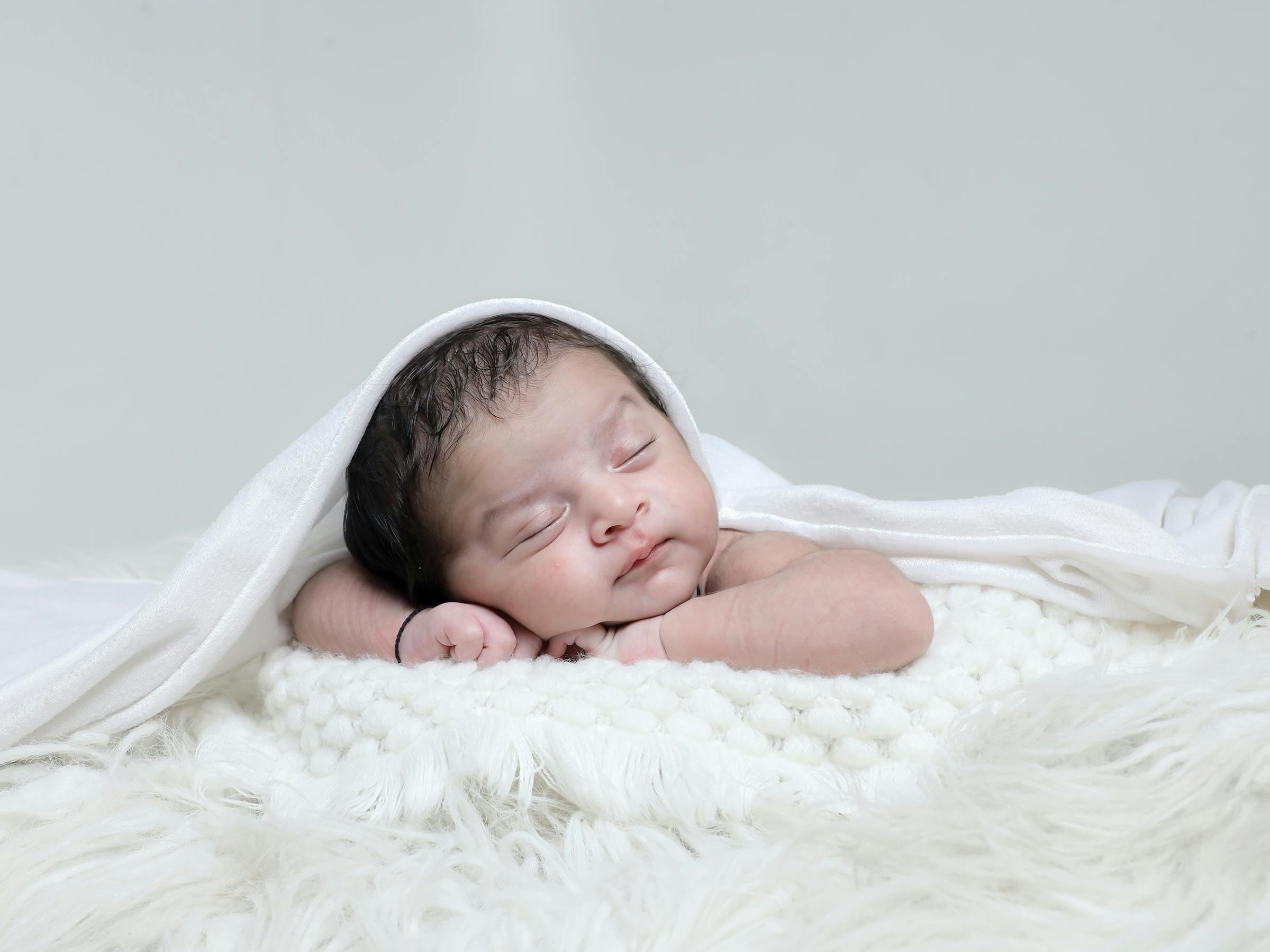 Newborn Baby Girl, Sleeping New Born Kid in White, Beautiful