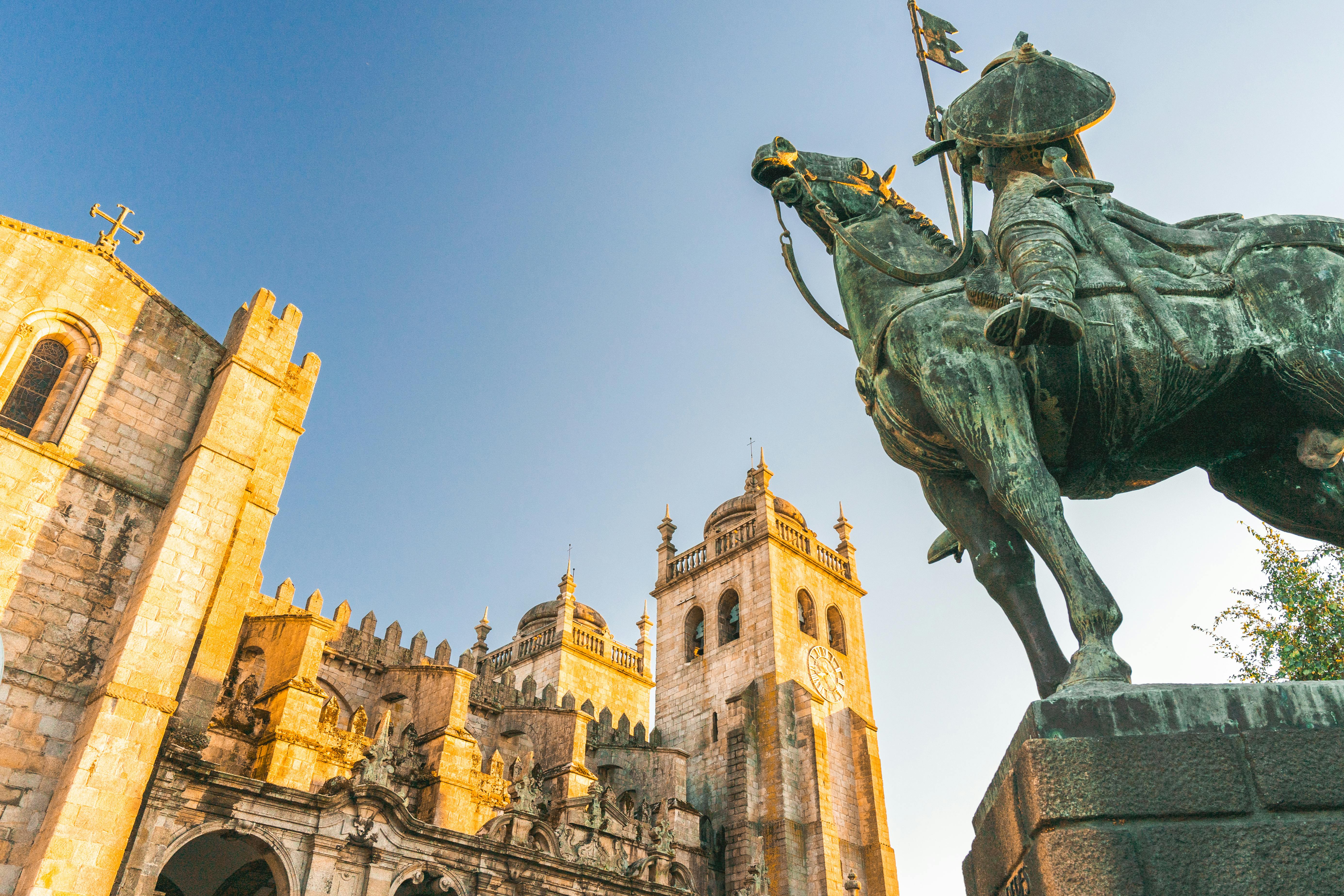 porto cathedral and the statue of vimara peres porto portugal juli