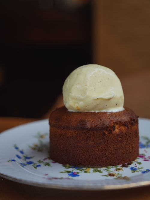Free A delectable single serve chocolate cake topped with vanilla ice cream. Stock Photo