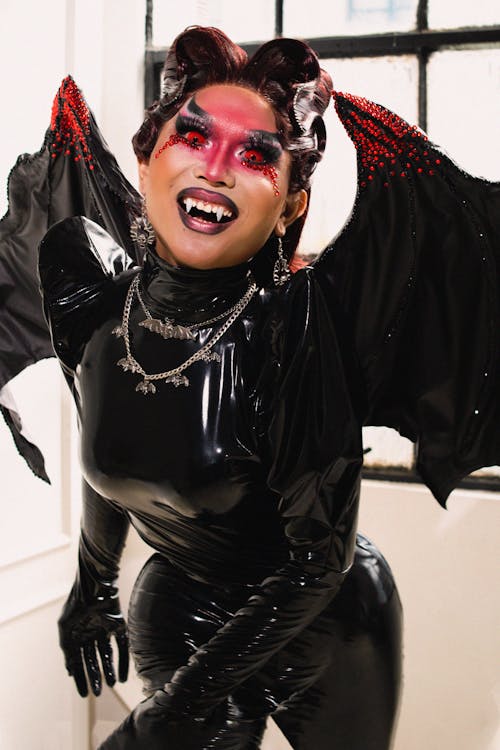 Model in Black, Leather Vampire Costume