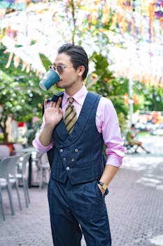 Young man in formalwear sipping a drink on a vibrant city street
