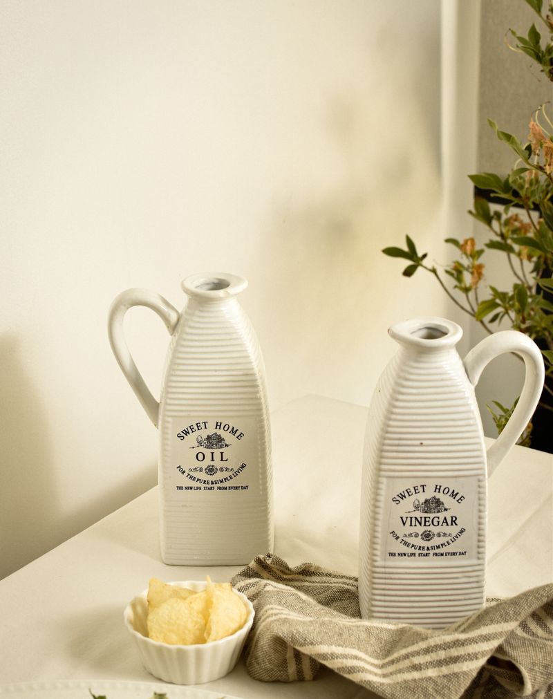 Ceramic vinegar bottle on a kitchen counter