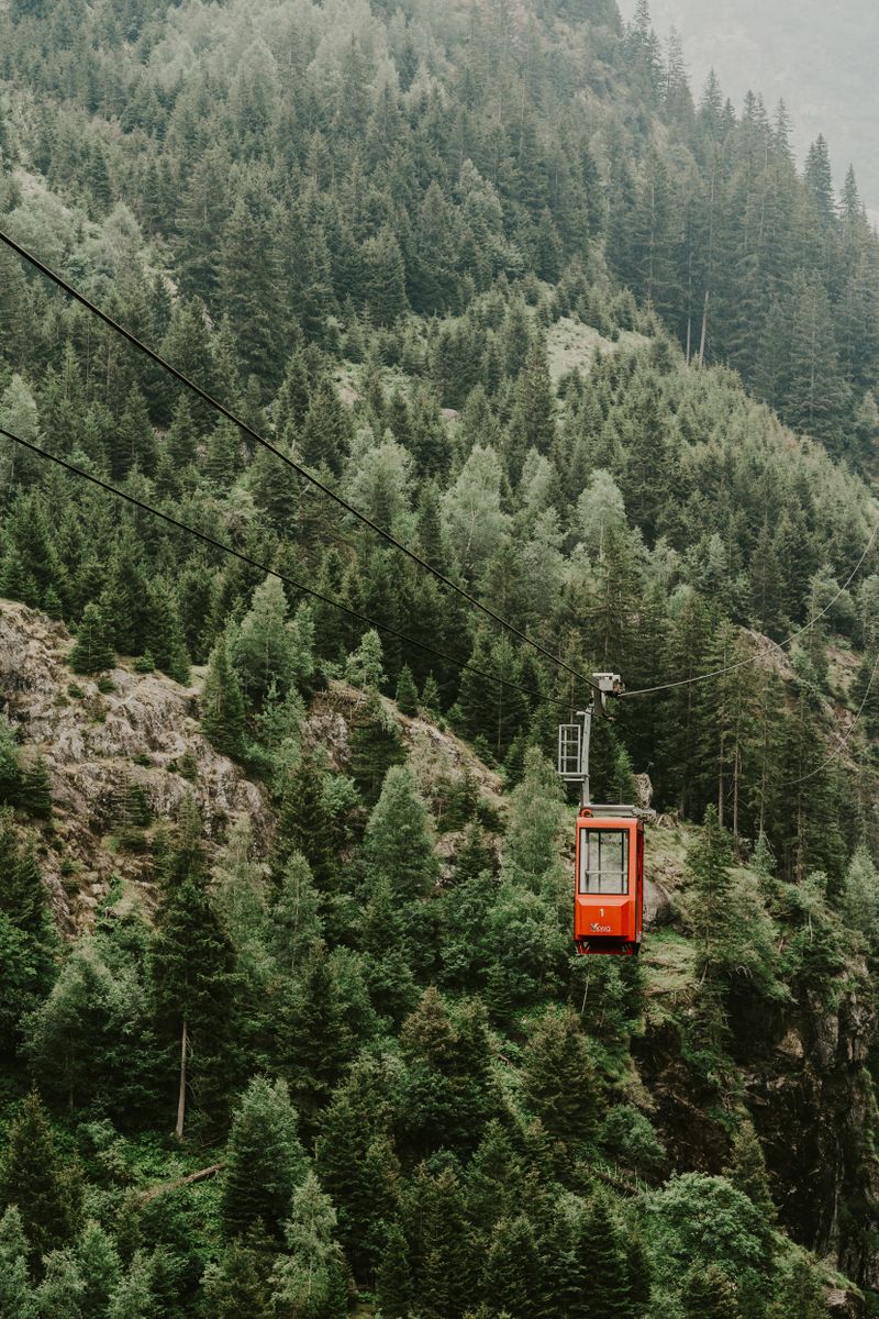 Cable car ascending over misty green mountain forest