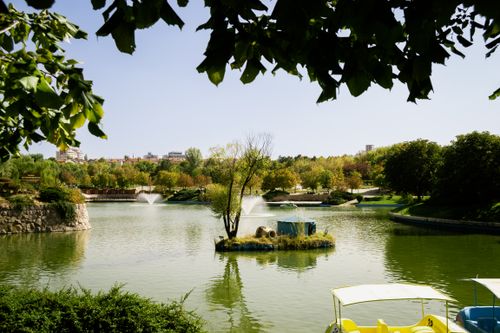 Free Beautiful outdoor park view with a tranquil lake, fountains, and lush greenery under a clear sky. Stock Photo