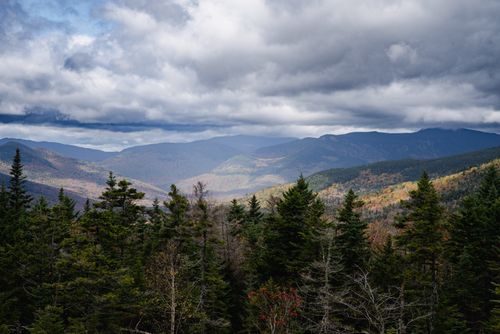 Free A breathtaking view of a lush forest and mountains under dramatic clouds in the fall season. Stock Photo