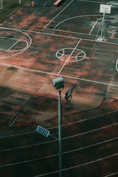 A deserted basketball court photographed from above, showcasing urban sports infrastructure in Ho Chi Minh City.