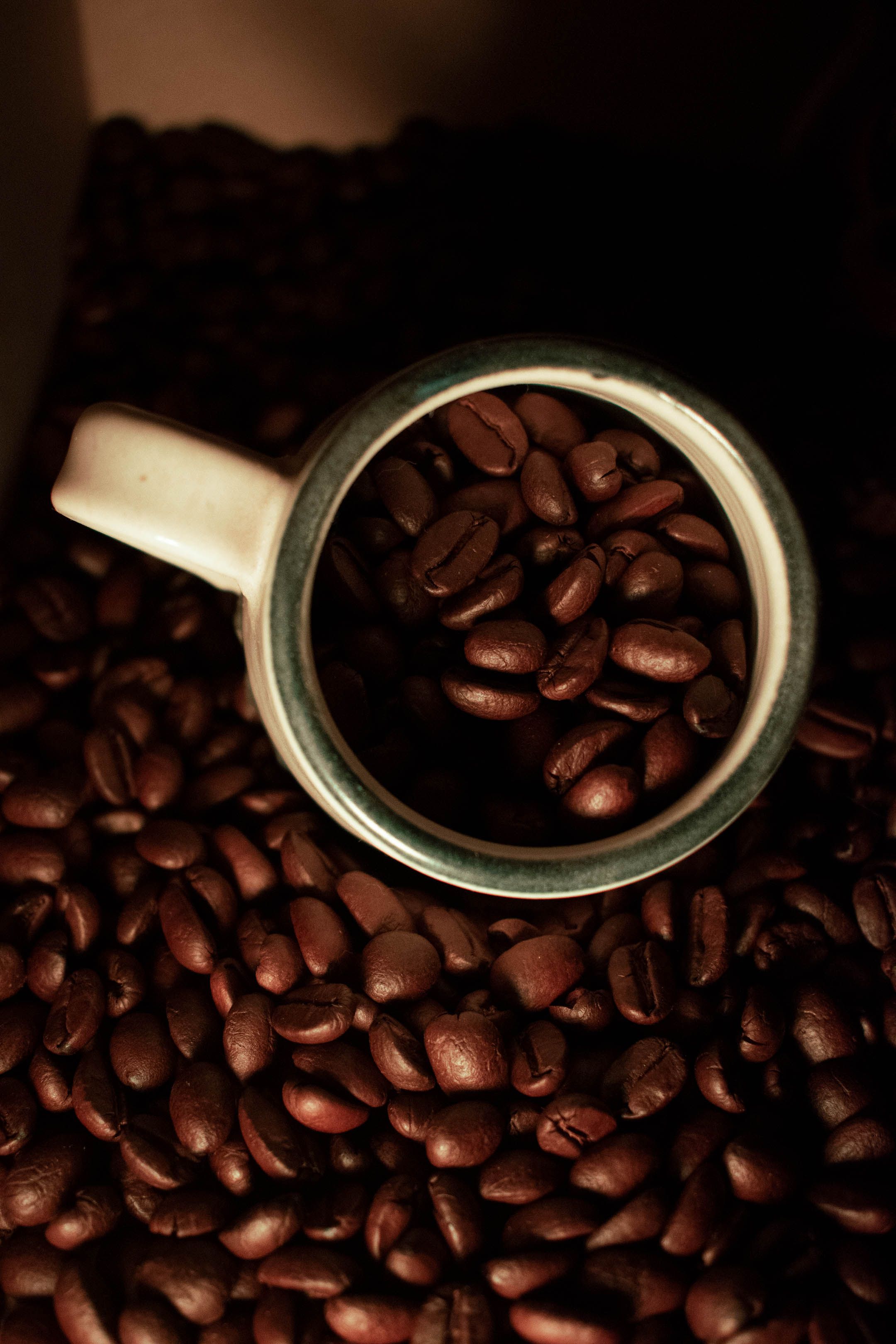 A bag of coffee and a ceramic mug on a sunlit linen-covered table