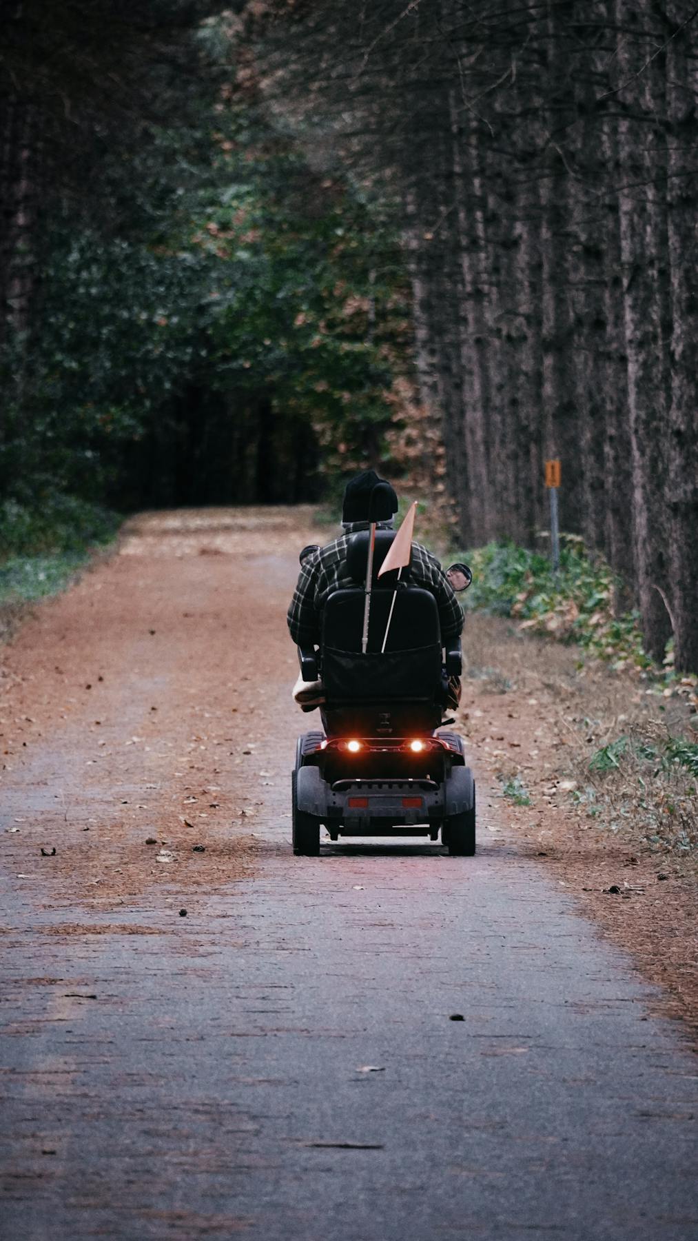 Person riding a mobility scooter on a park path