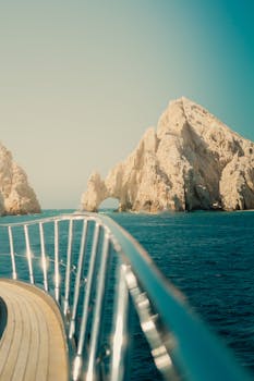 A mesmerizing view of El Arco rock formation from a yacht in Cabo San Lucas, Mexico.