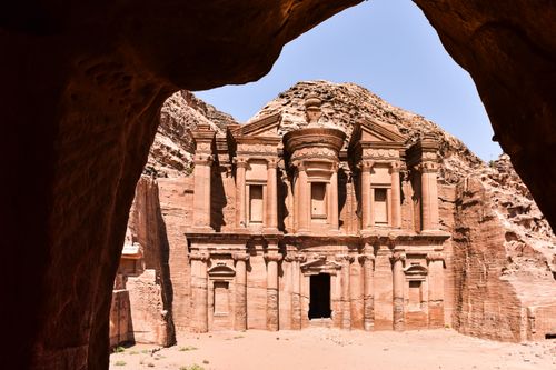 Free The Monastery in Petra, Jordan, showcases stunning Nabatean rock-cut architecture. Stock Photo