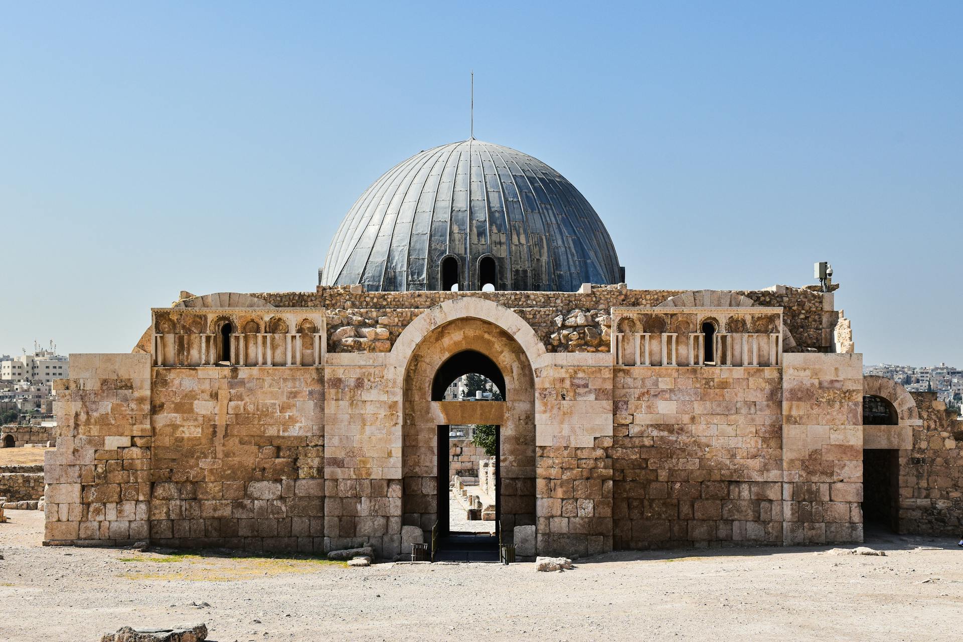 Front view of the historic Umayyad Palace at Amman Citadel in Jordan, showcasing ancient architecture.