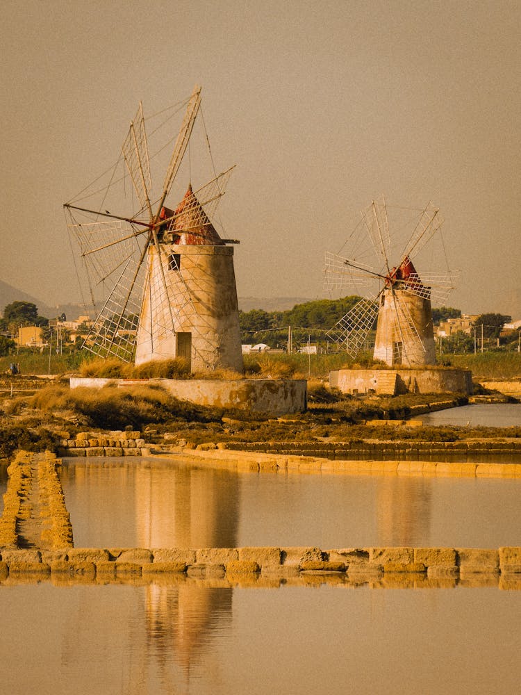 Vintage Windmills In Village