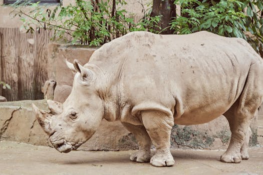 Side view of a rhinoceros in a zoo setting, showcasing its majestic form and textured skin.