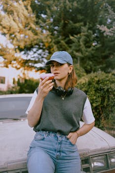 Young woman wearing casual attire savoring a donut outdoors near a car, enjoying a relaxed moment.